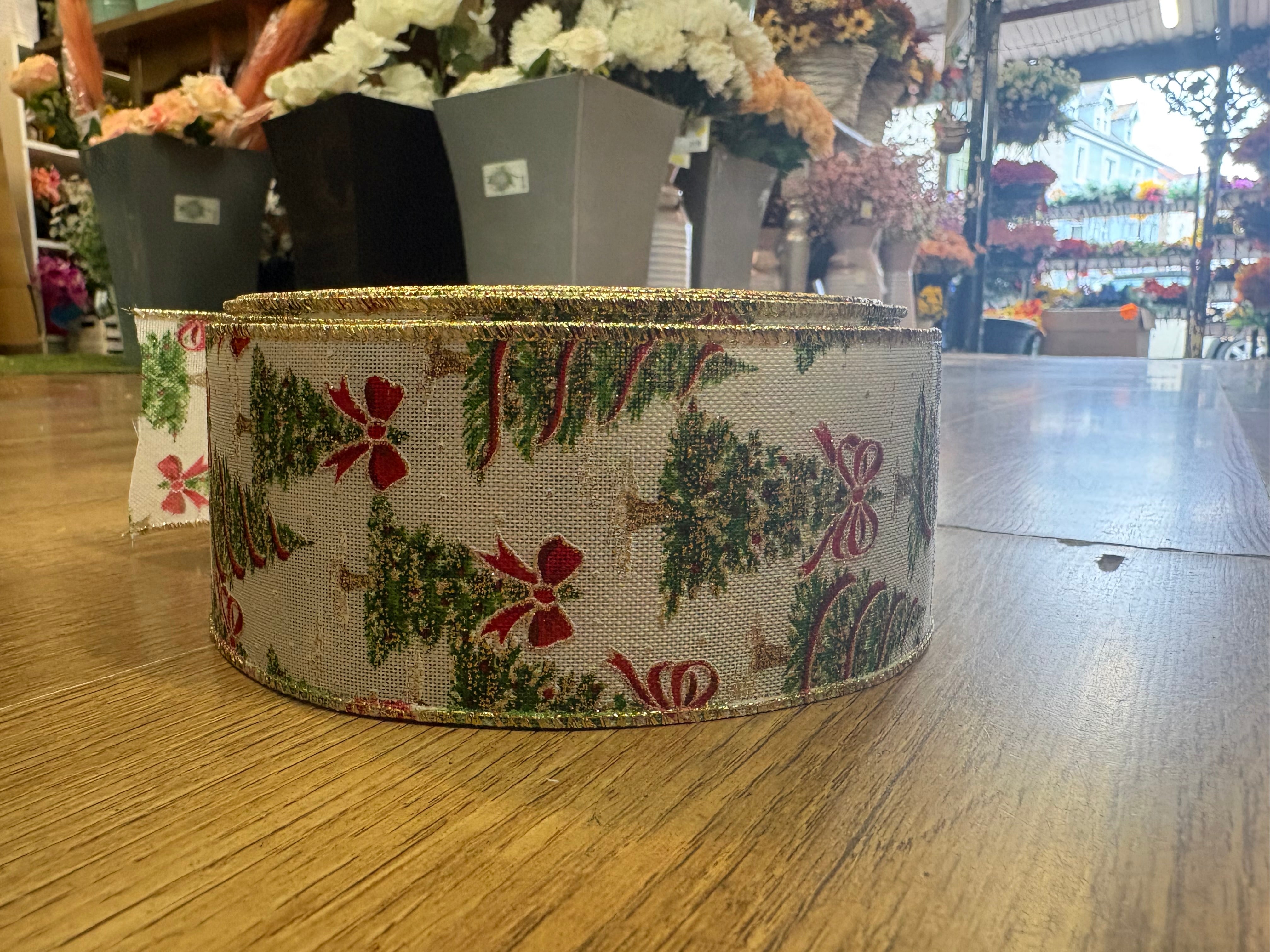 2.5 inch wide glittered Christmas tree wired ribbon - 10 metres