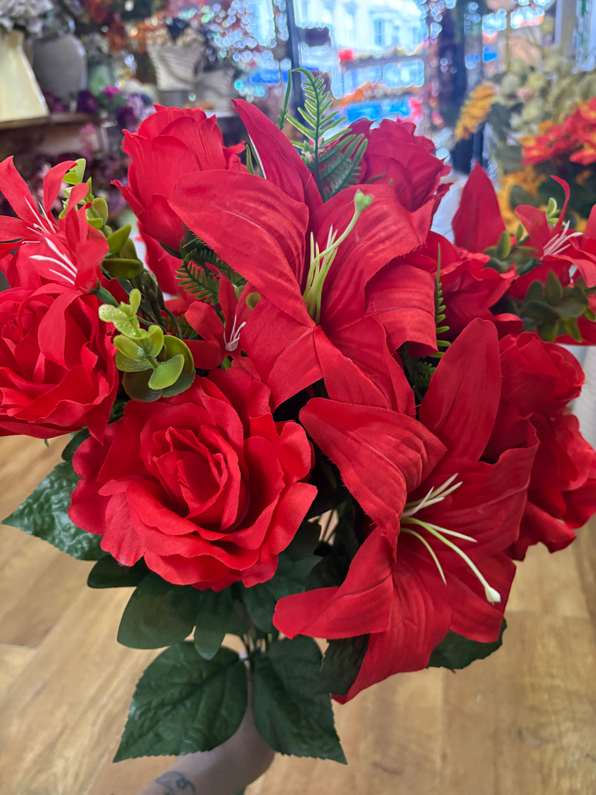 Giant red rose, rosebud and lily bouquet