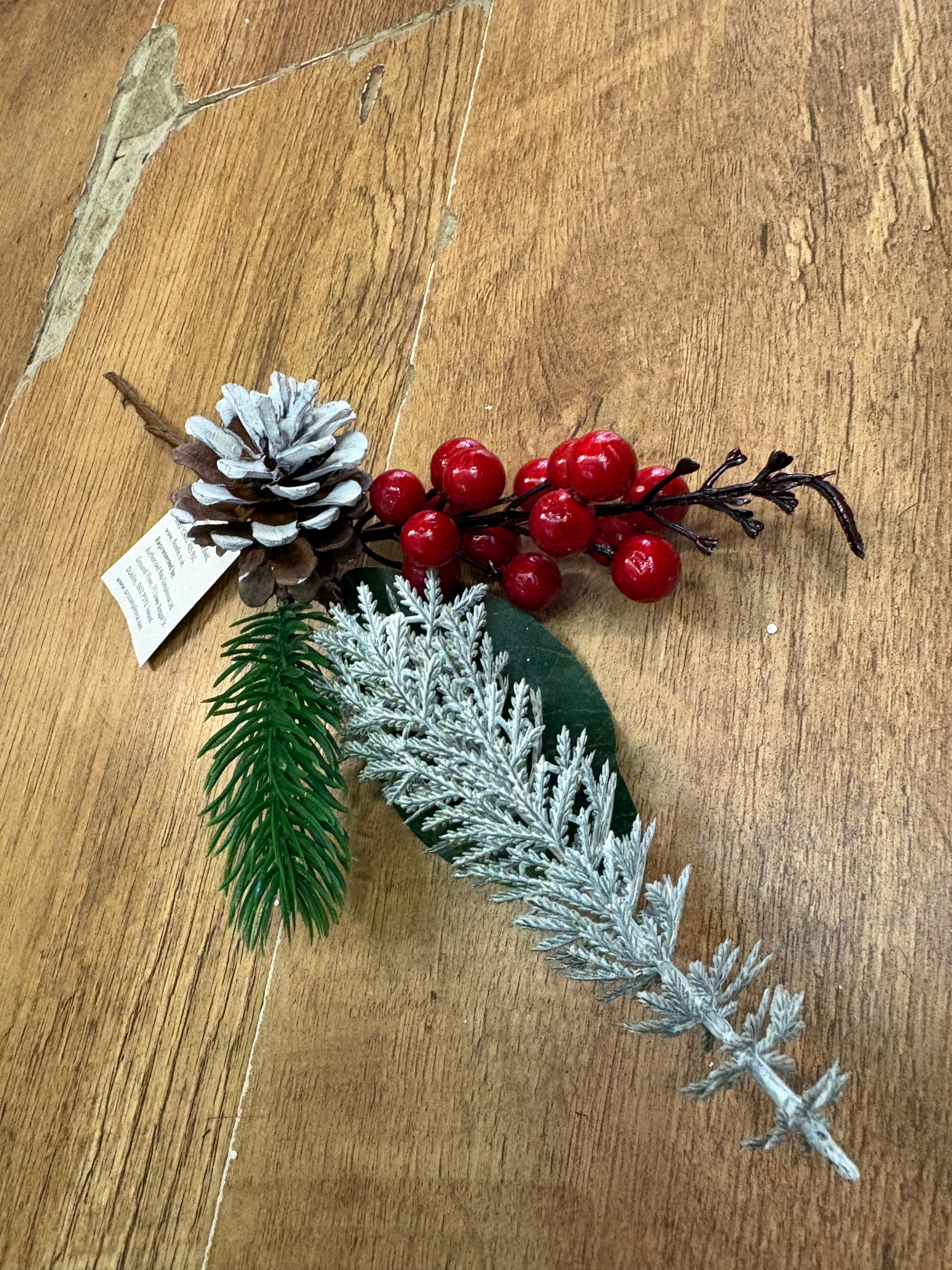 28cm frosted pine and red berry pick