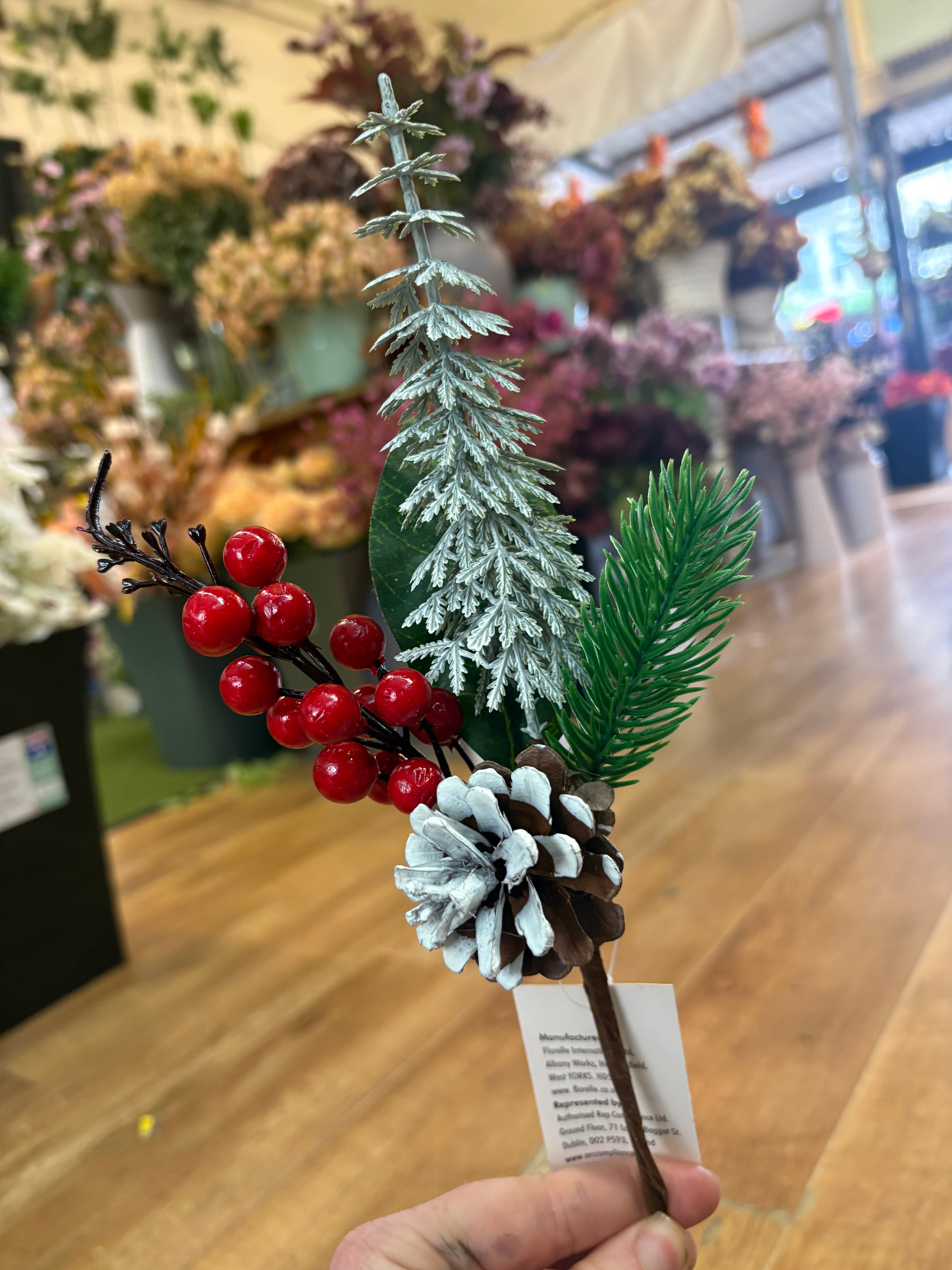 28cm frosted pine and red berry pick