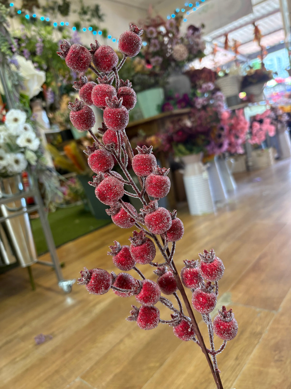 Long stem frosted rose hip spray