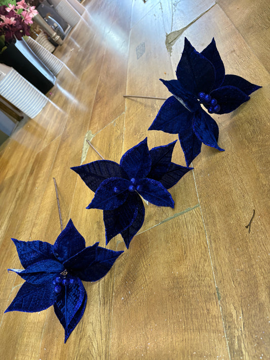 Bundle of 3 royal blue velvet and glitter poinsettias