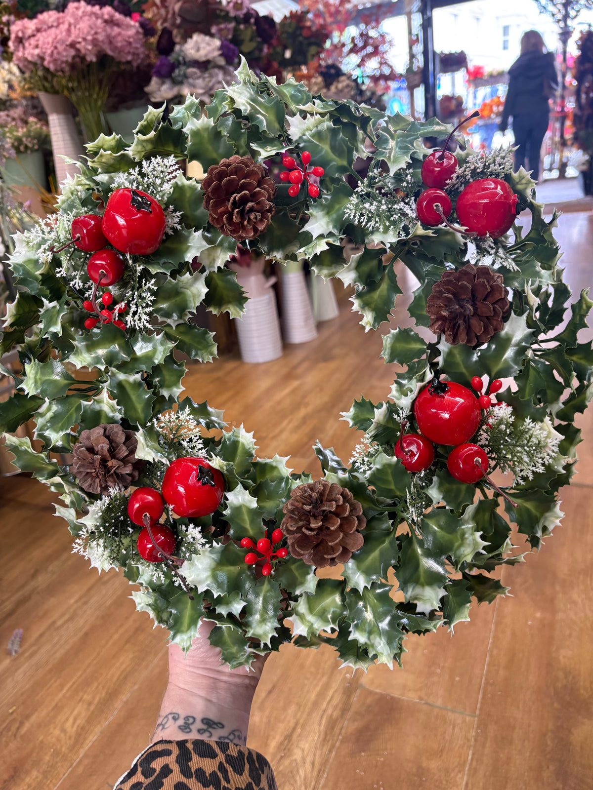 18” wreath with pomegranate, cherries and cones
