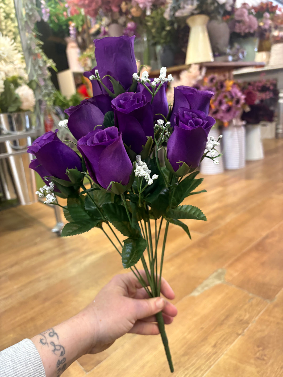 Large purple rose and gyp bunch