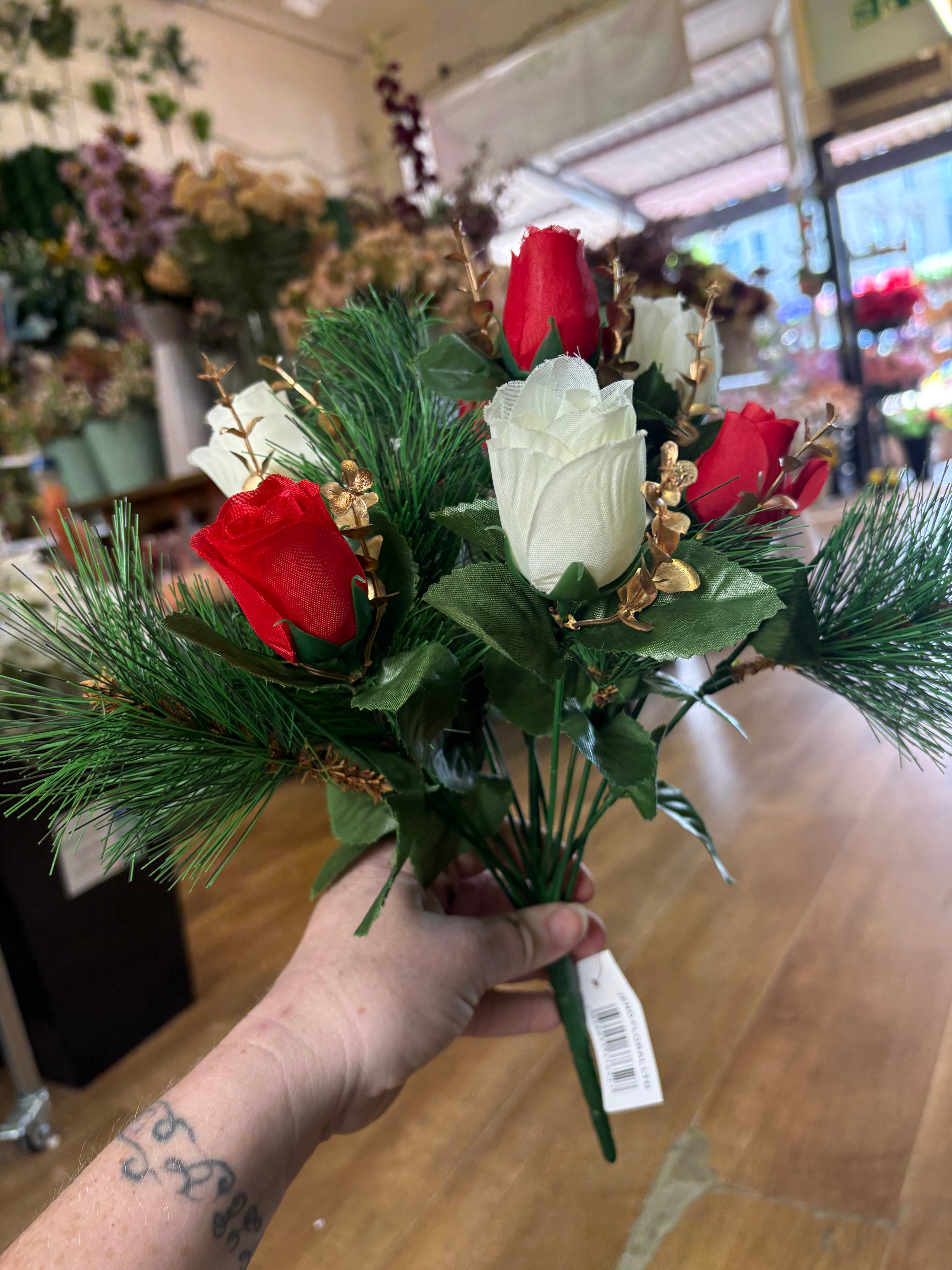 Rosebud, eucalyptus and pine bouquet - red, ivory and gold