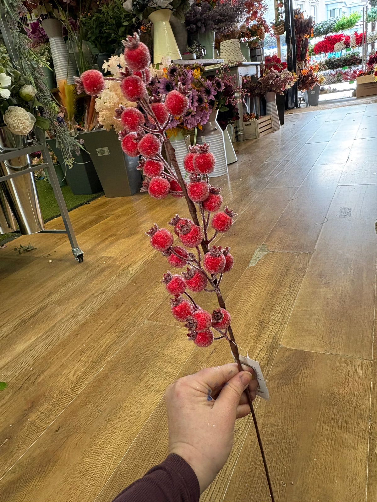 Long stem frosted rose hip stem