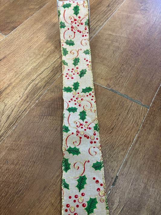 2.7m roll of wired burlap and Christmas holly ribbon