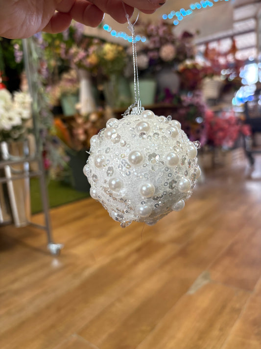 Small white pearls and sequins glittered Bauble