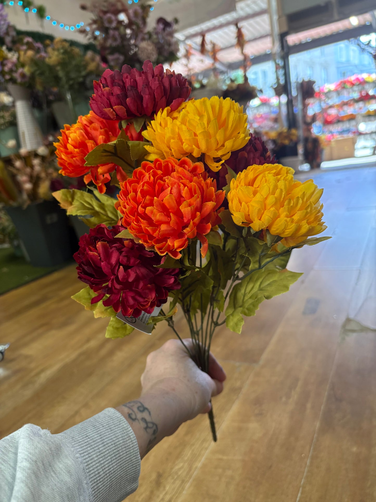 Large autumnal chrysanthemum bouquet - burgundy, orange and yellow
