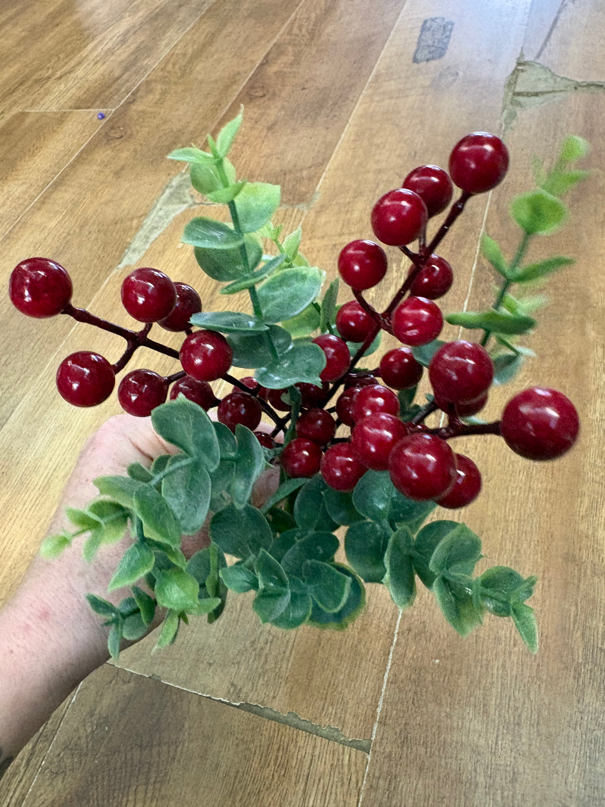 24cm red berry and eucalyptus pick
