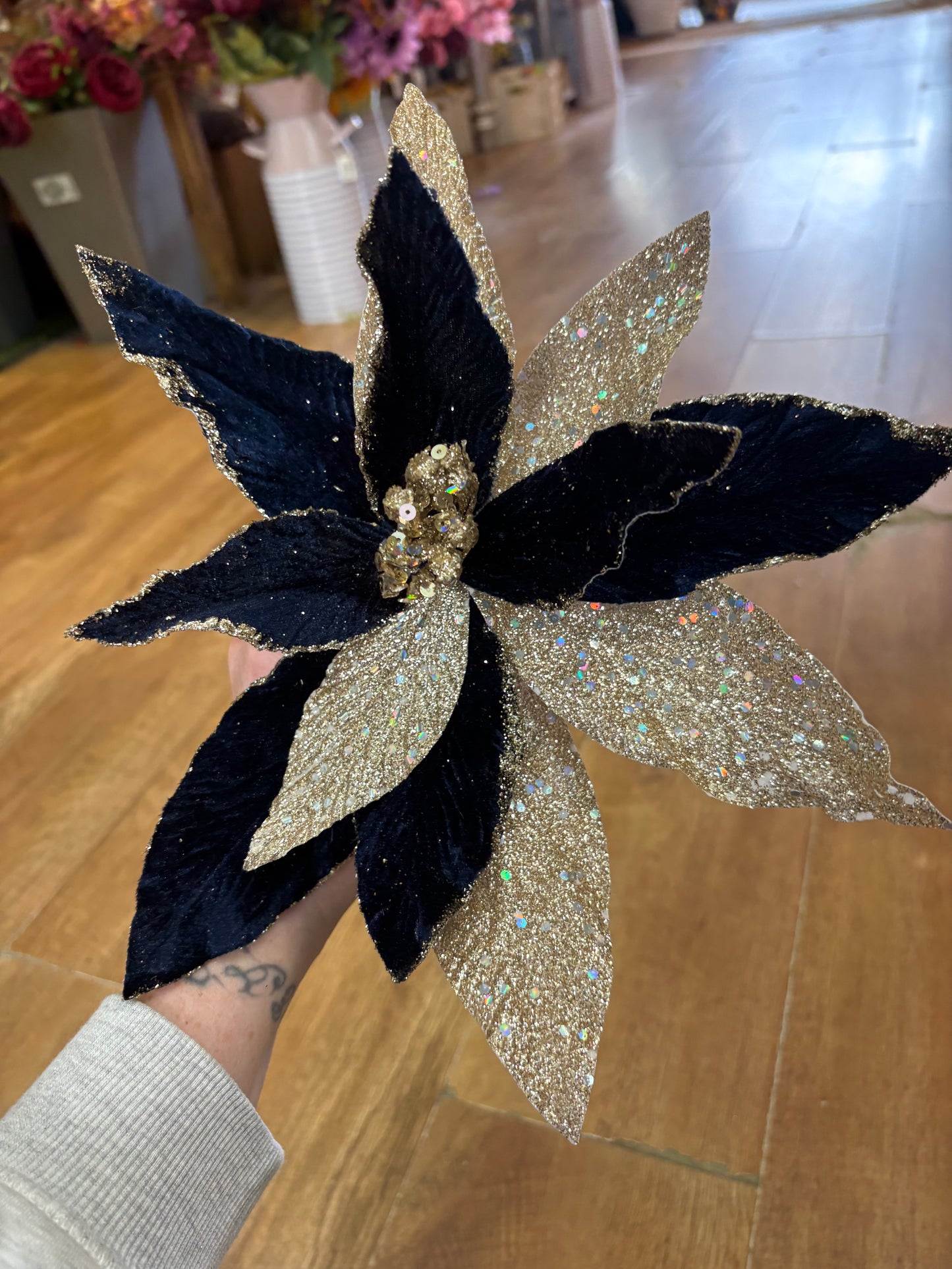 Navy velvet and champagne gold glittered single poinsettia