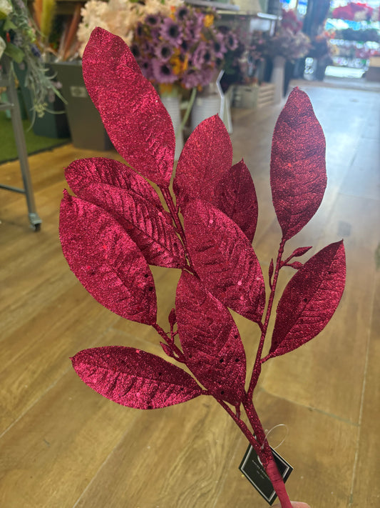 Long stem deep pink glittered foliage branch