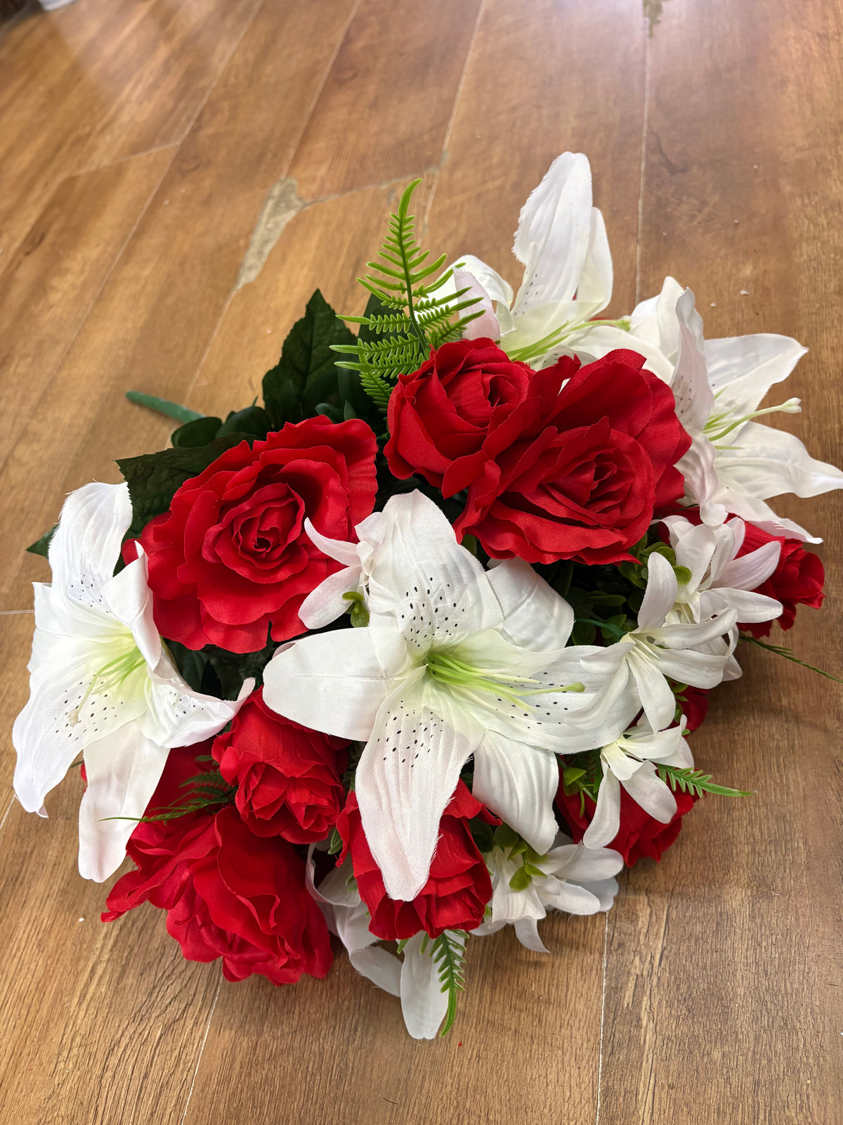 Giant red and ivory rose, rosebud and lily bouquet