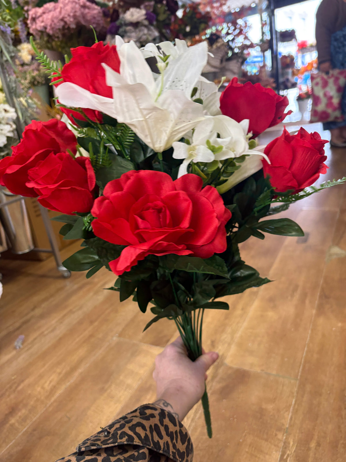 Giant red and ivory rose, rosebud and lily bouquet