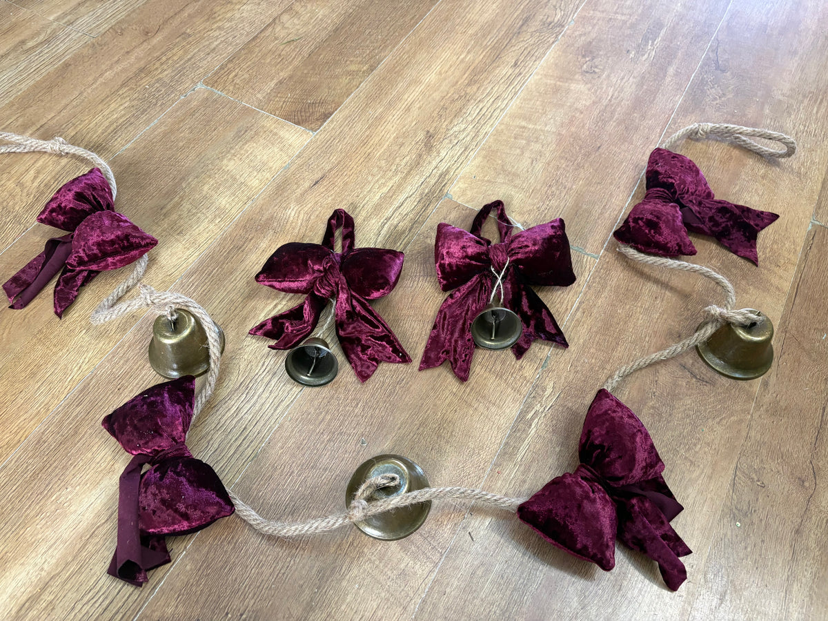 BUNDLE - 1.8m burgundy velvet bow and Christmas bell garland and 2 matching hanging bows with bells