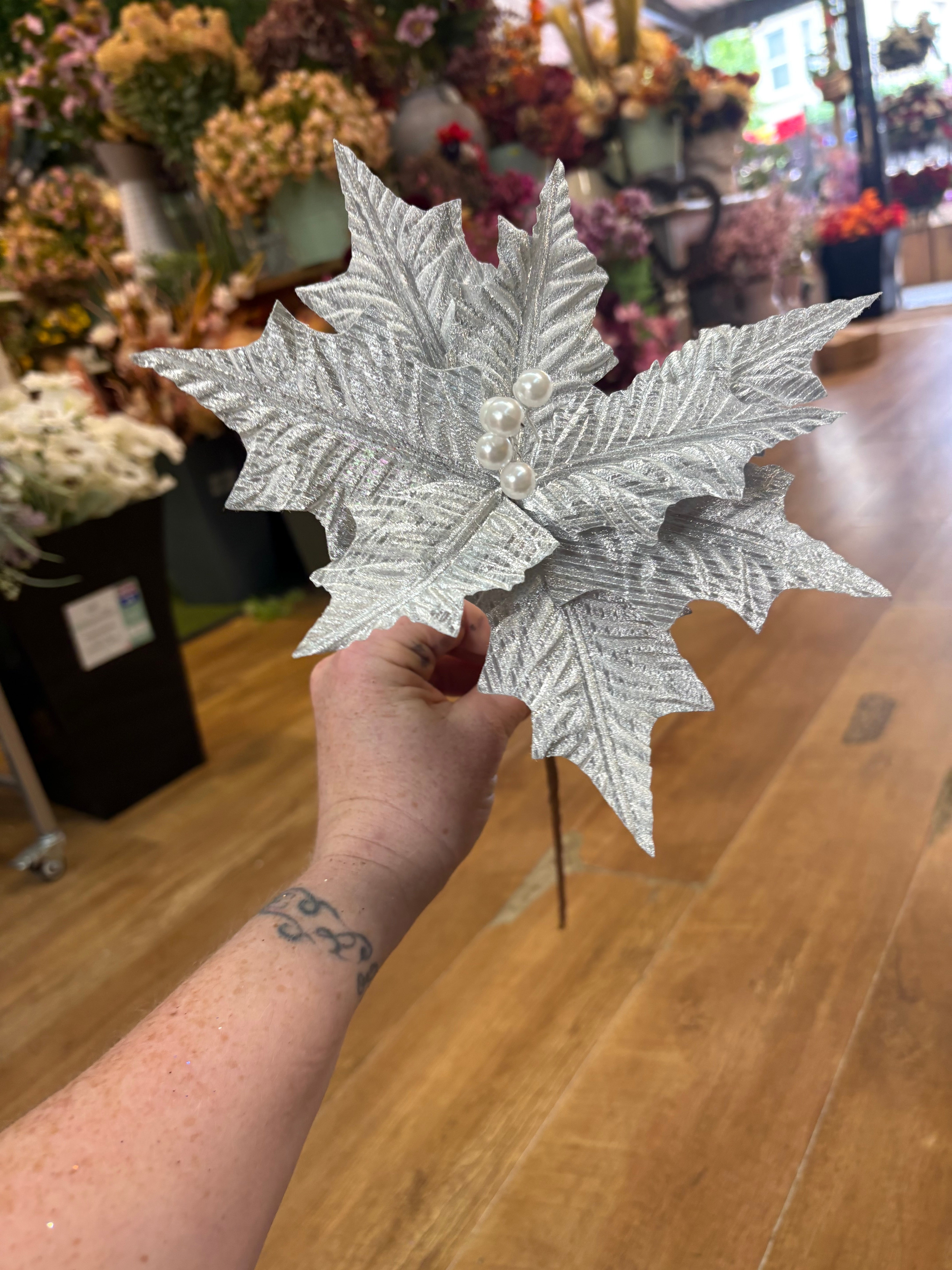 Bundle of 3 silver crinkle petal poinsettias