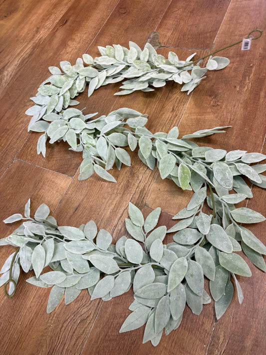 180cm flocked and slightly sparkled sage leaf garland