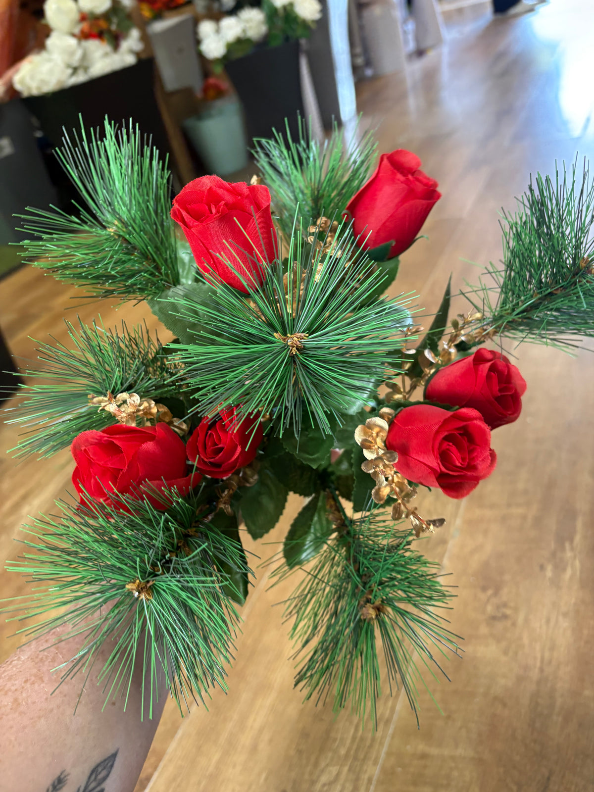 Rosebud, eucalyptus and pine bouquet - red and gold