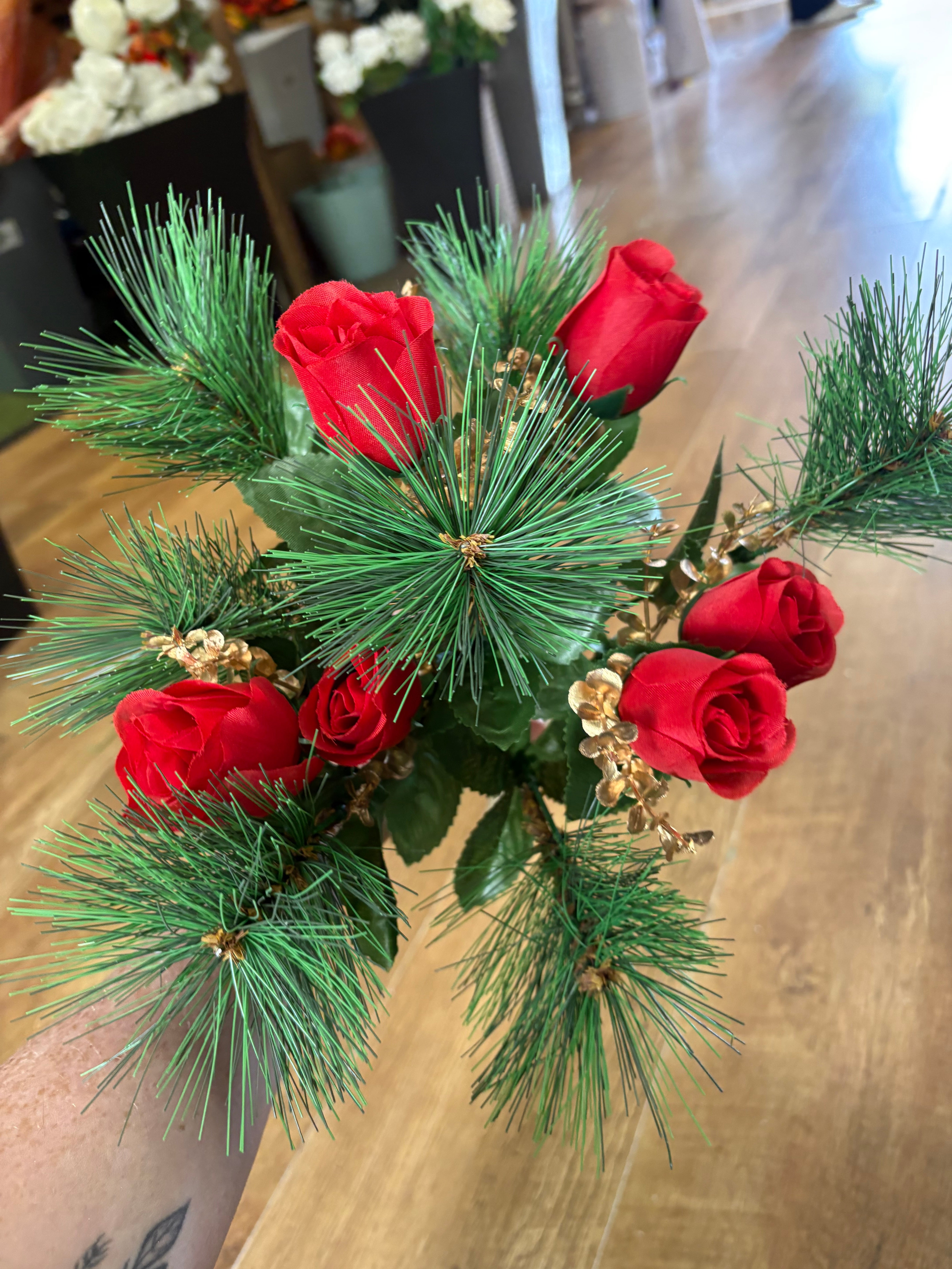 Rosebud, eucalyptus and pine bouquet - red and gold