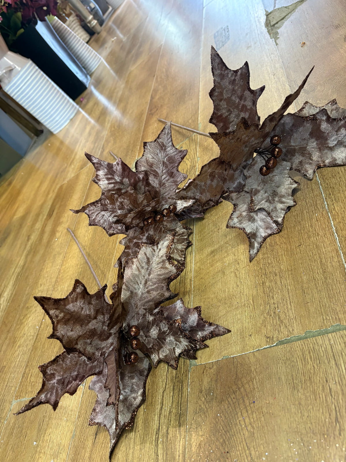 Bundle of 3 single mink velvet and brown glitter poinsettias