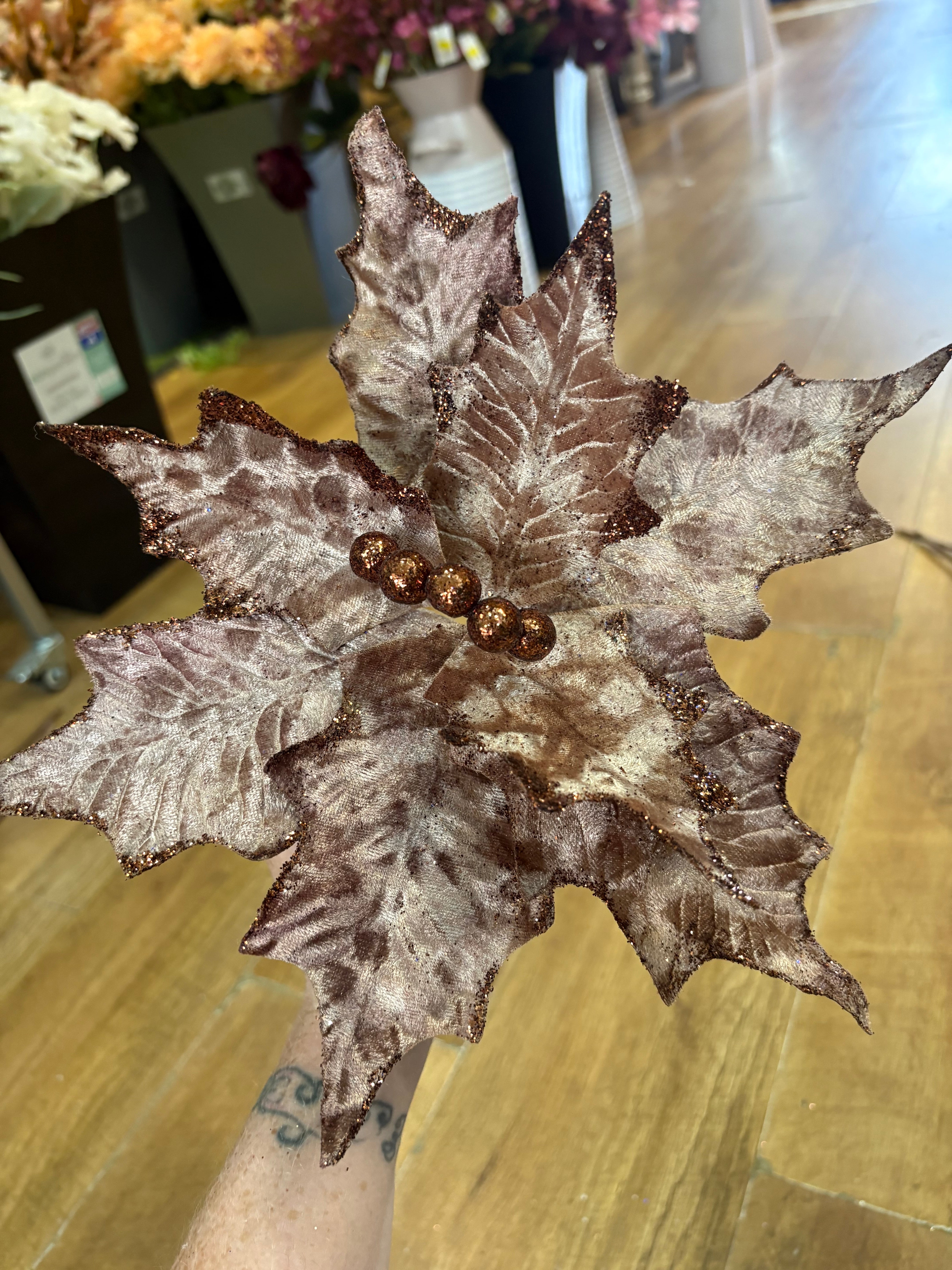 Single mink velvet and brown glitter poinsettia
