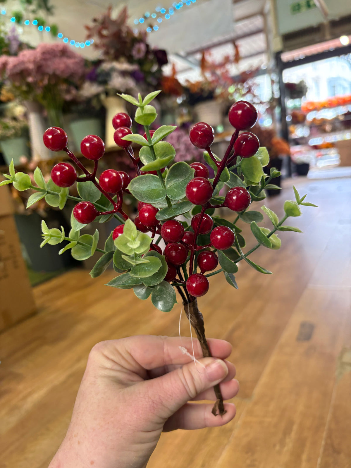 24cm red berry and eucalyptus pick