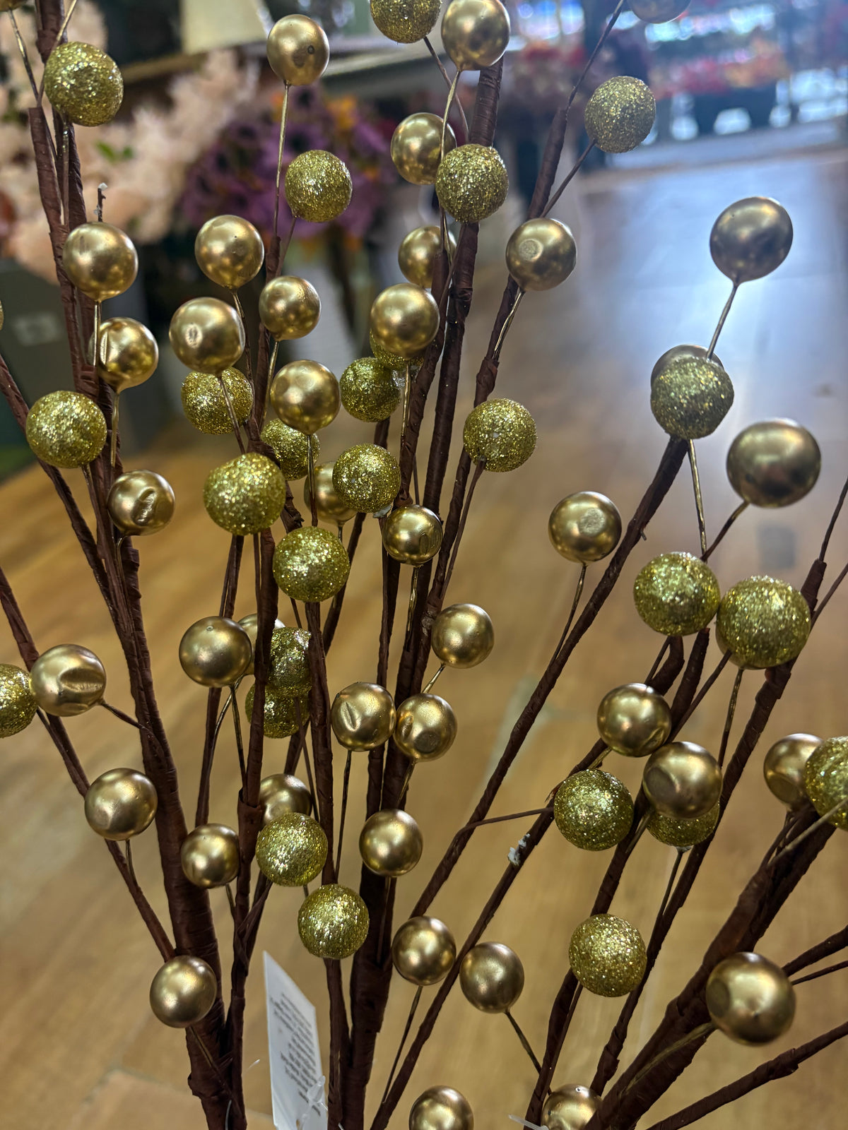 Bundle of 3 long stem gold metallic and glittered berry stems