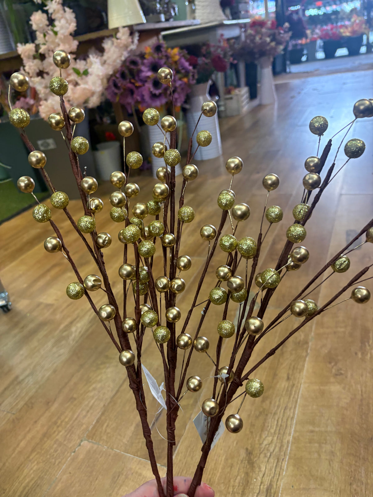 Bundle of 3 long stem gold metallic and glittered berry stems