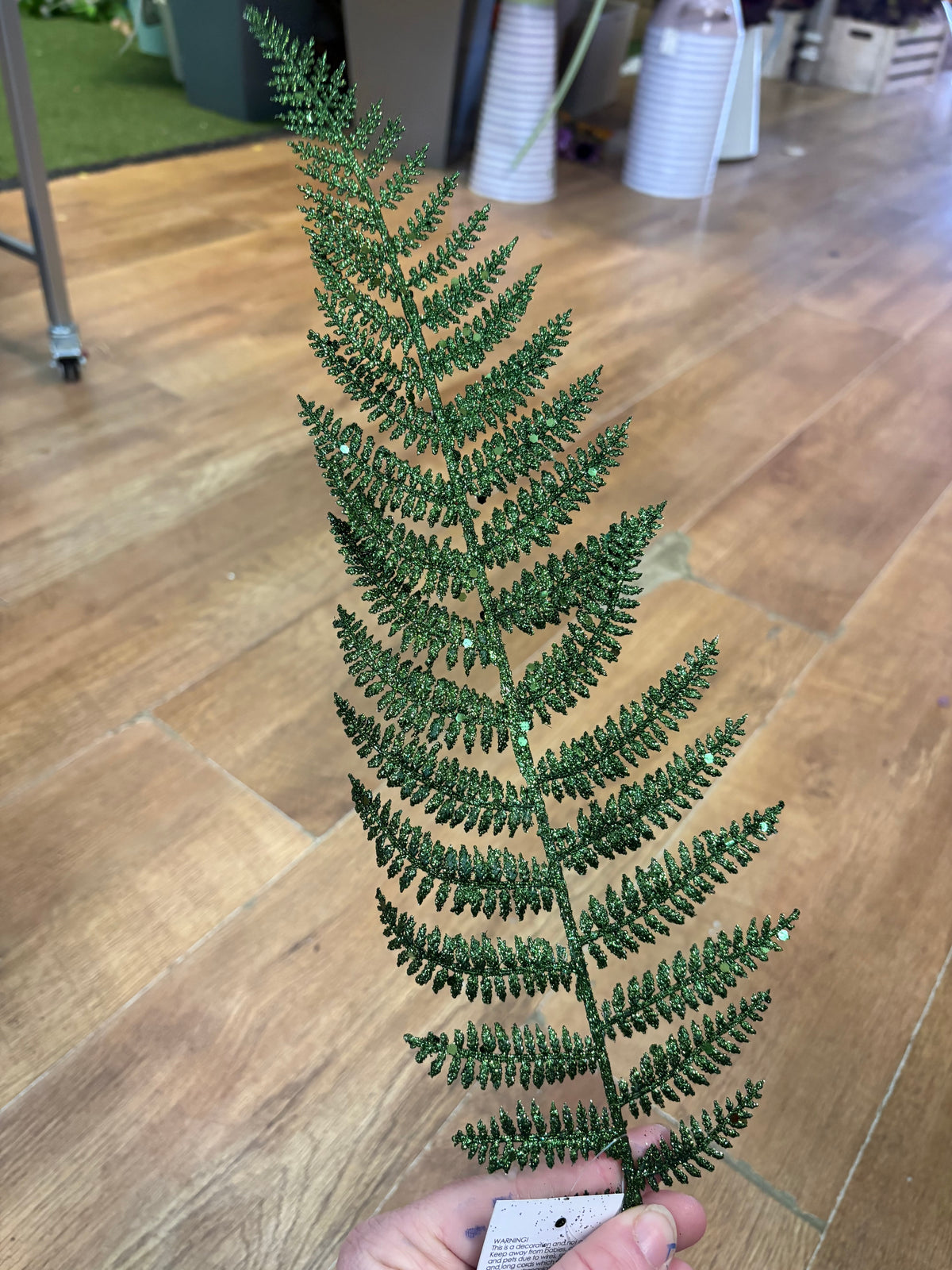 Large green glittered fern pick