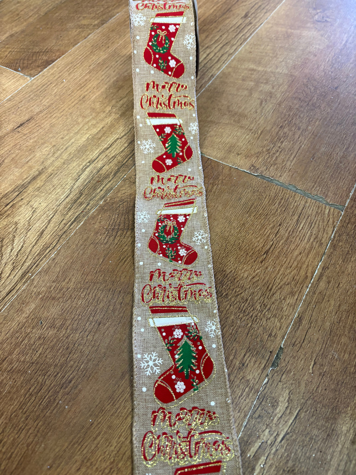2.7m roll of wired burlap and Christmas stockings ribbon