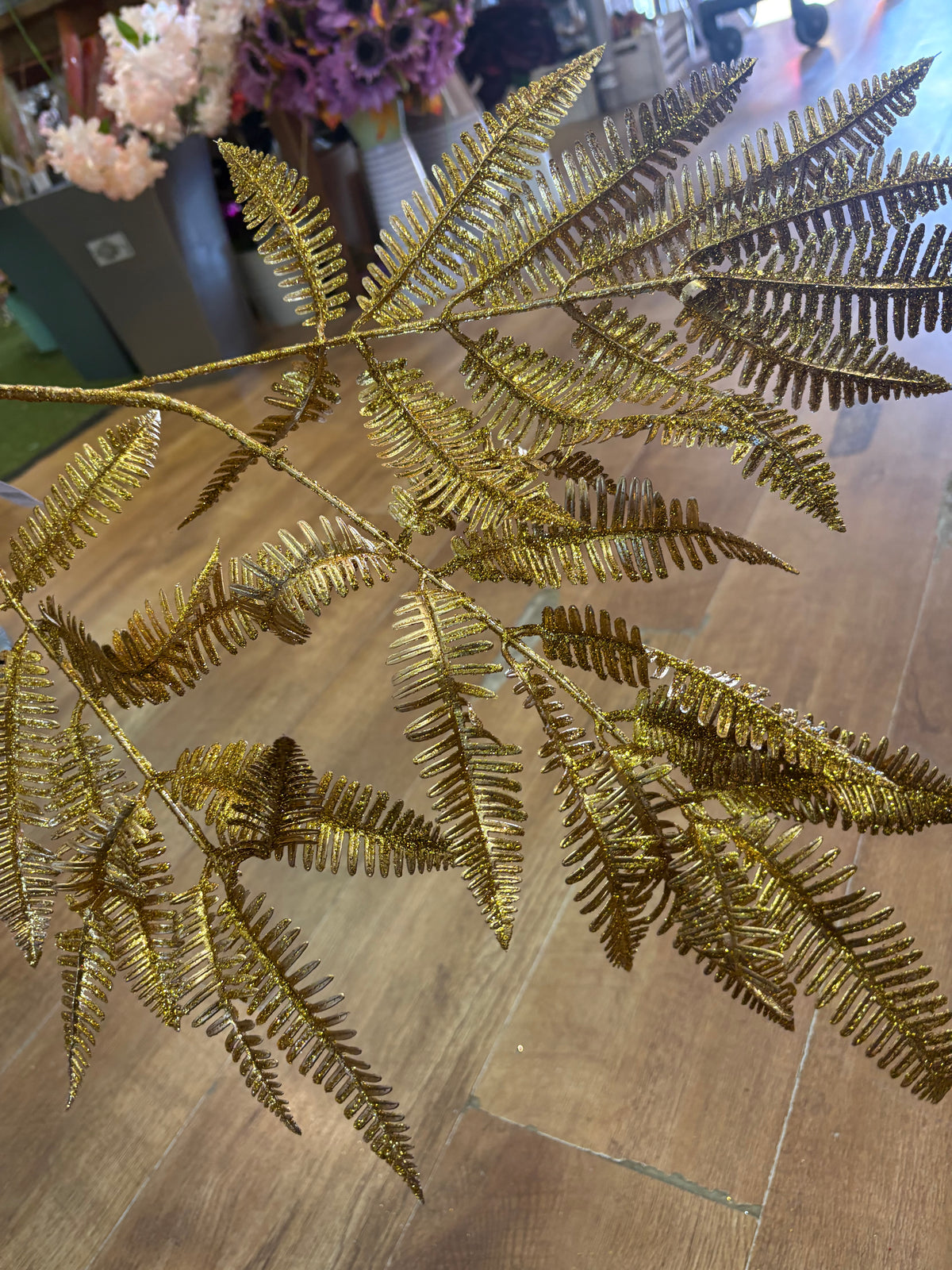 90cm gold glittered metal fern spray