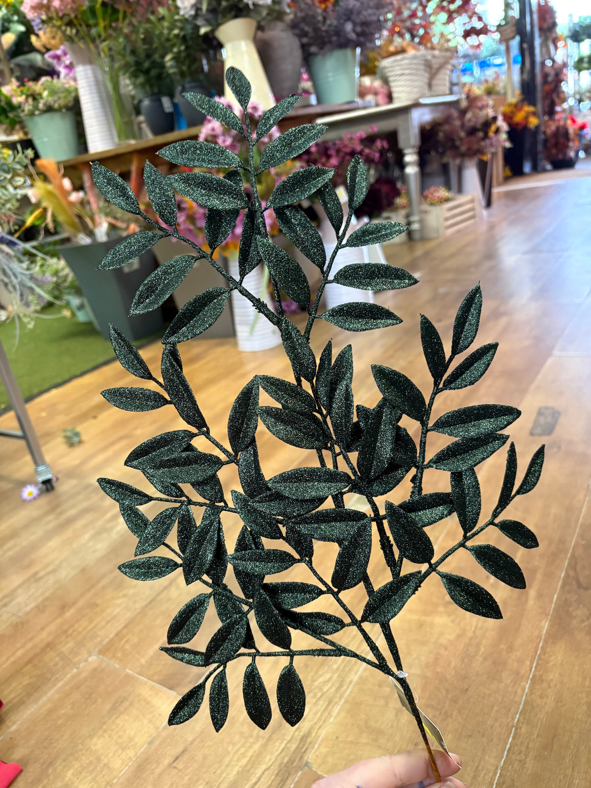 60cm dark green glitter leaf spray