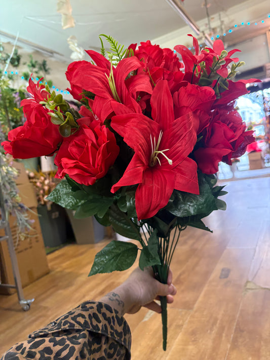 Giant red rose, rosebud and lily bouquet