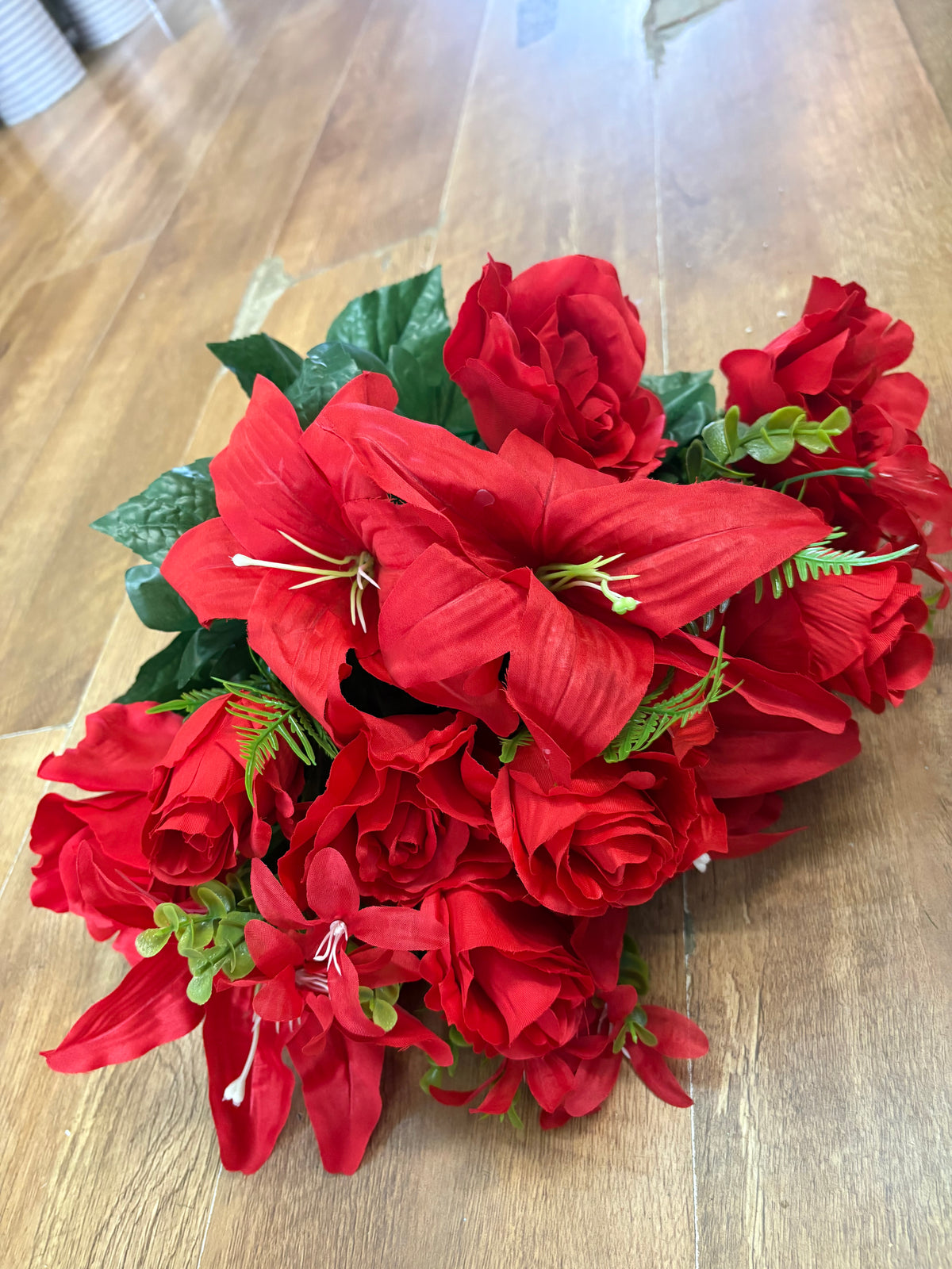 Giant red rose, rosebud and lily bouquet