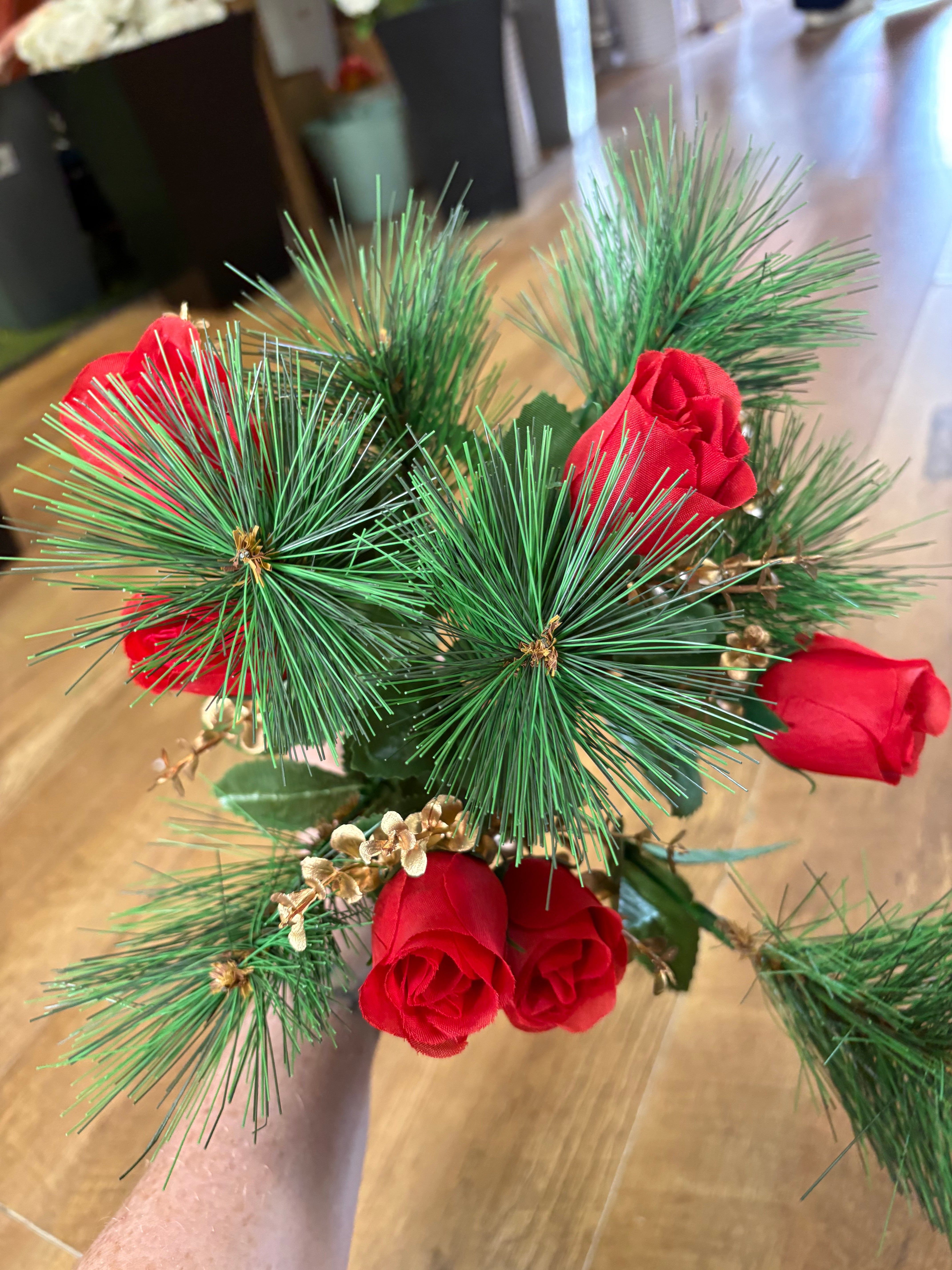 Rosebud, eucalyptus and pine bouquet - red and gold