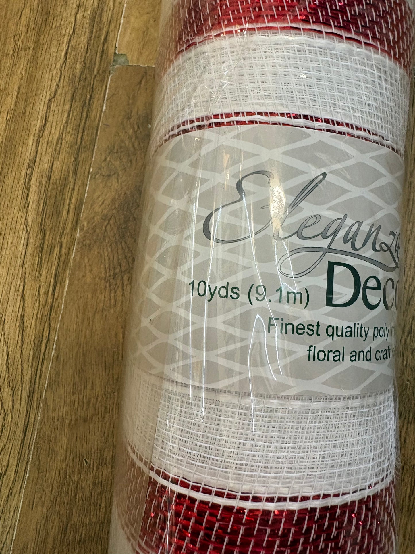 53cm x 9.1m (10 yrds) metallic red and white striped deco mesh