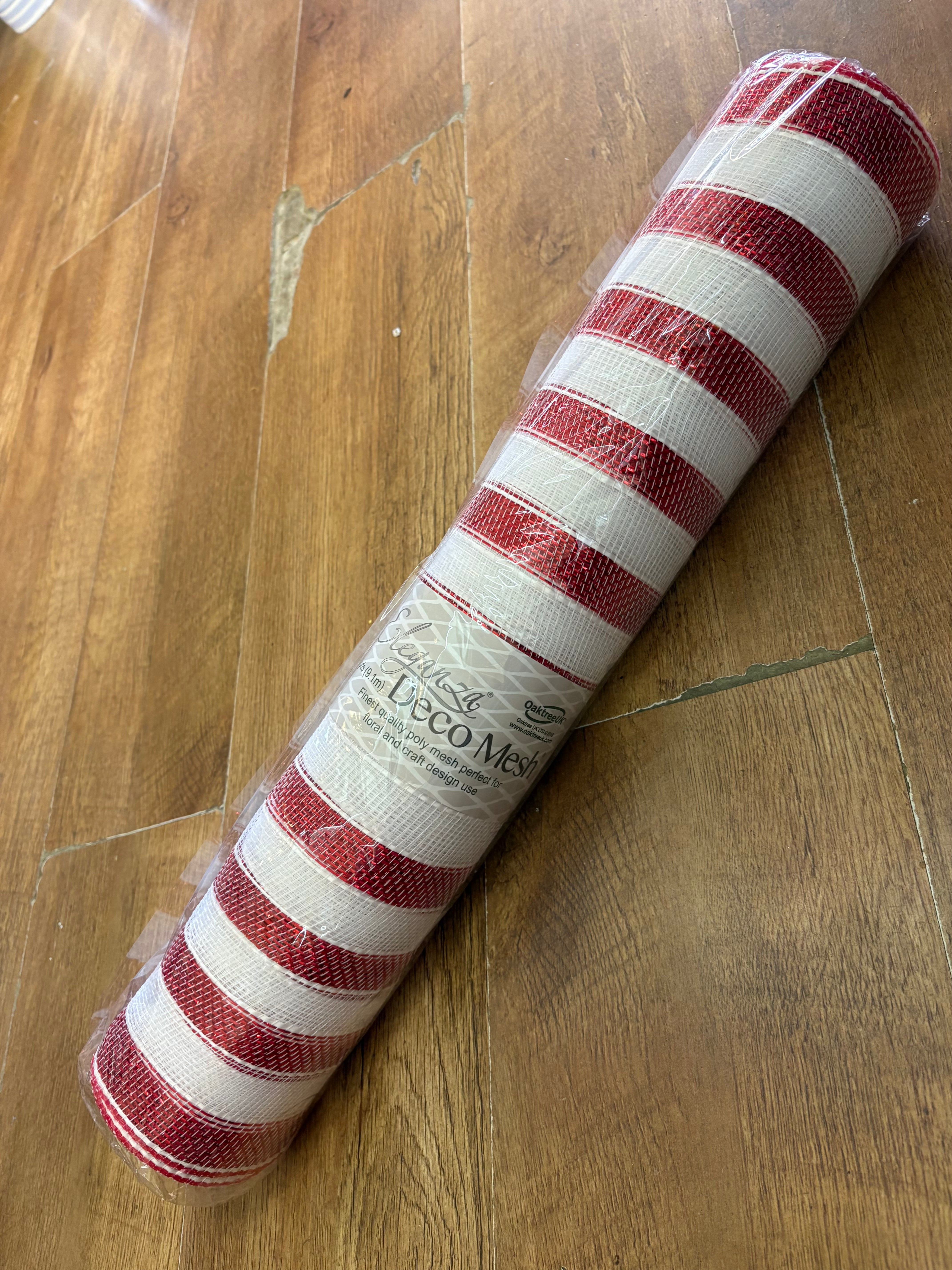 53cm x 9.1m (10 yrds) metallic red and white striped deco mesh