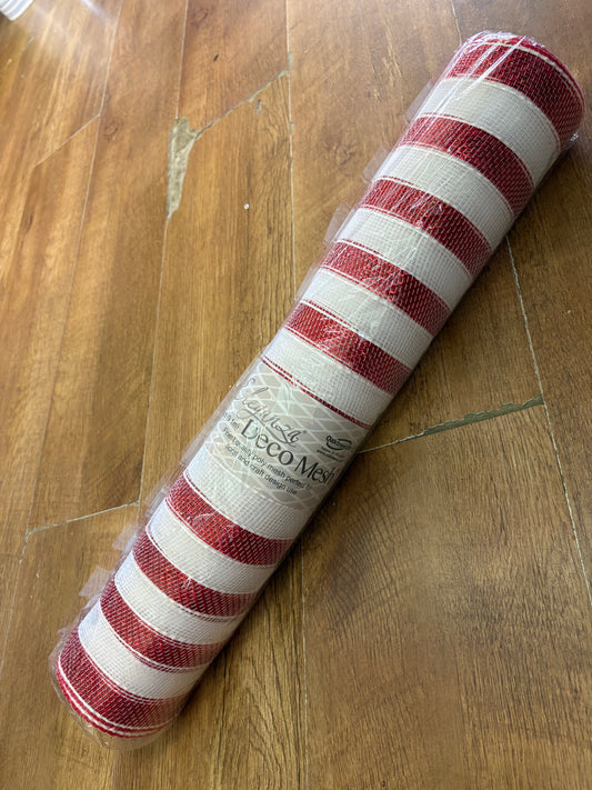 53cm x 9.1m (10 yrds) metallic red and white striped deco mesh