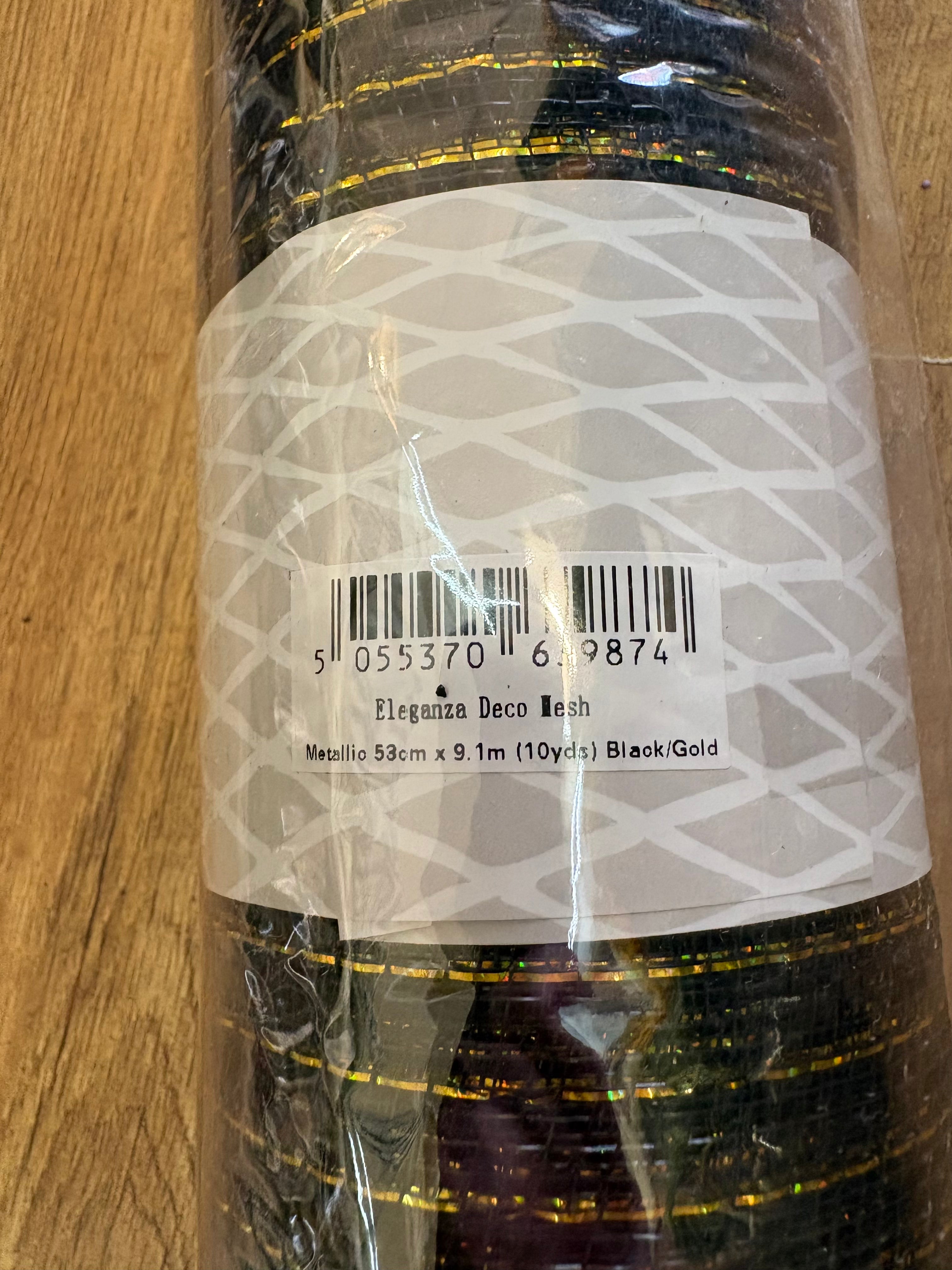 53xm x 9.1m (10 yrds) metallic black and gold deco mesh