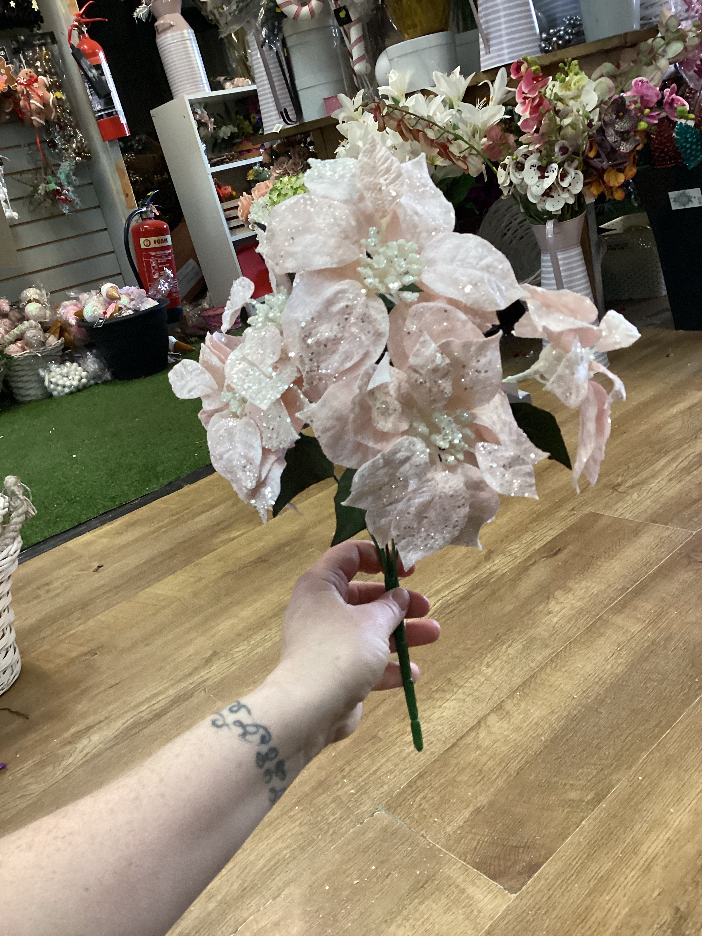 Palest pink glittered velvet poinsettia bunch