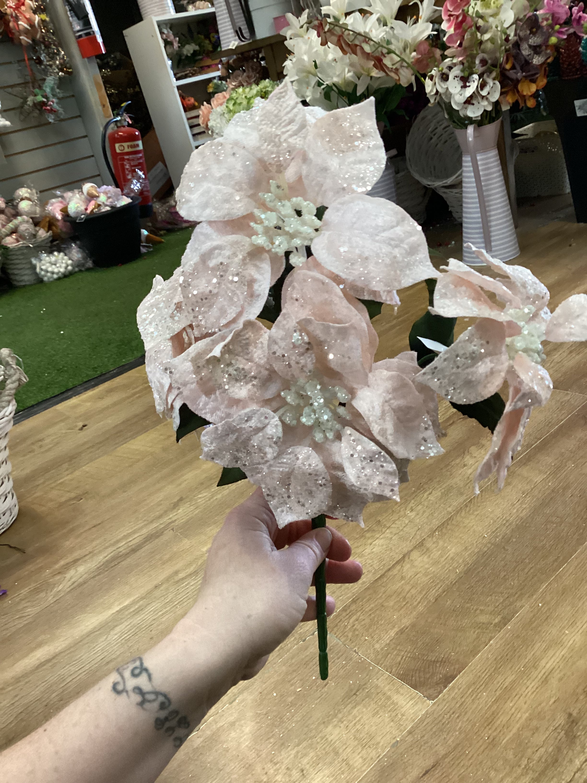 Palest pink glittered velvet poinsettia bunch