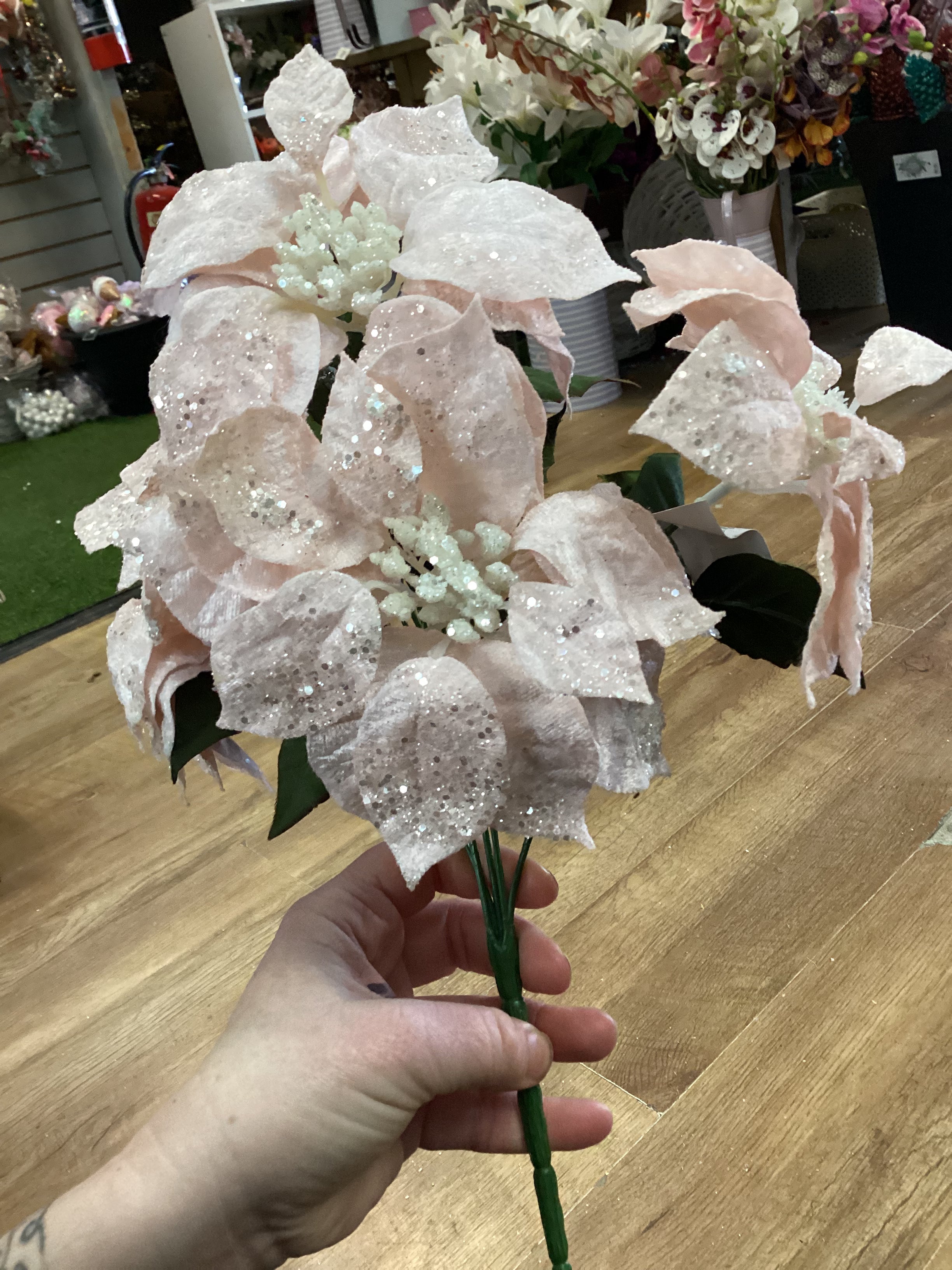 Palest pink glittered velvet poinsettia bunch