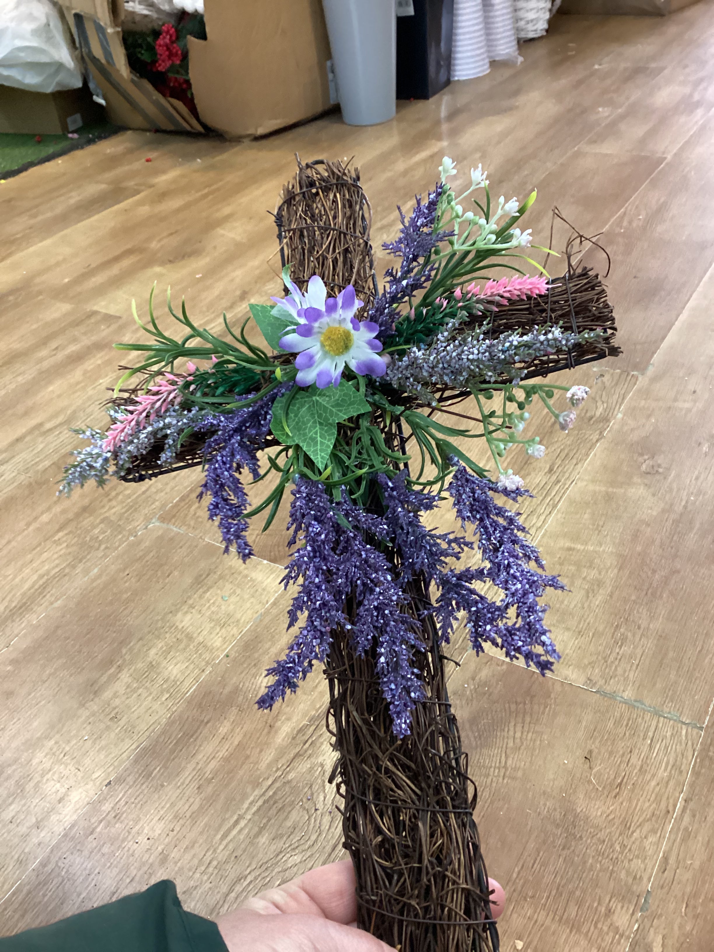 Grapevine cross with lavender and foliage