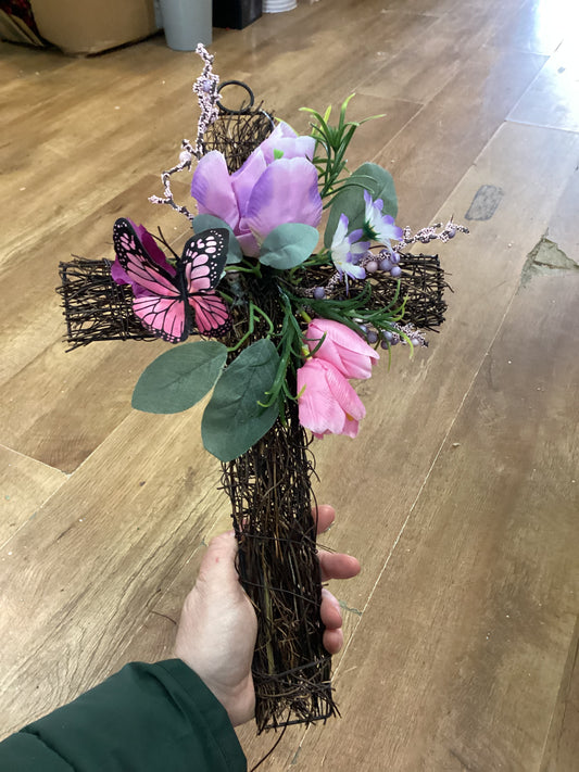 Grapevine cross with Tulips and butterfly