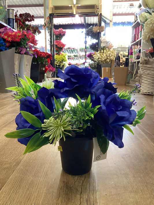 Blue rose and allium gravepot