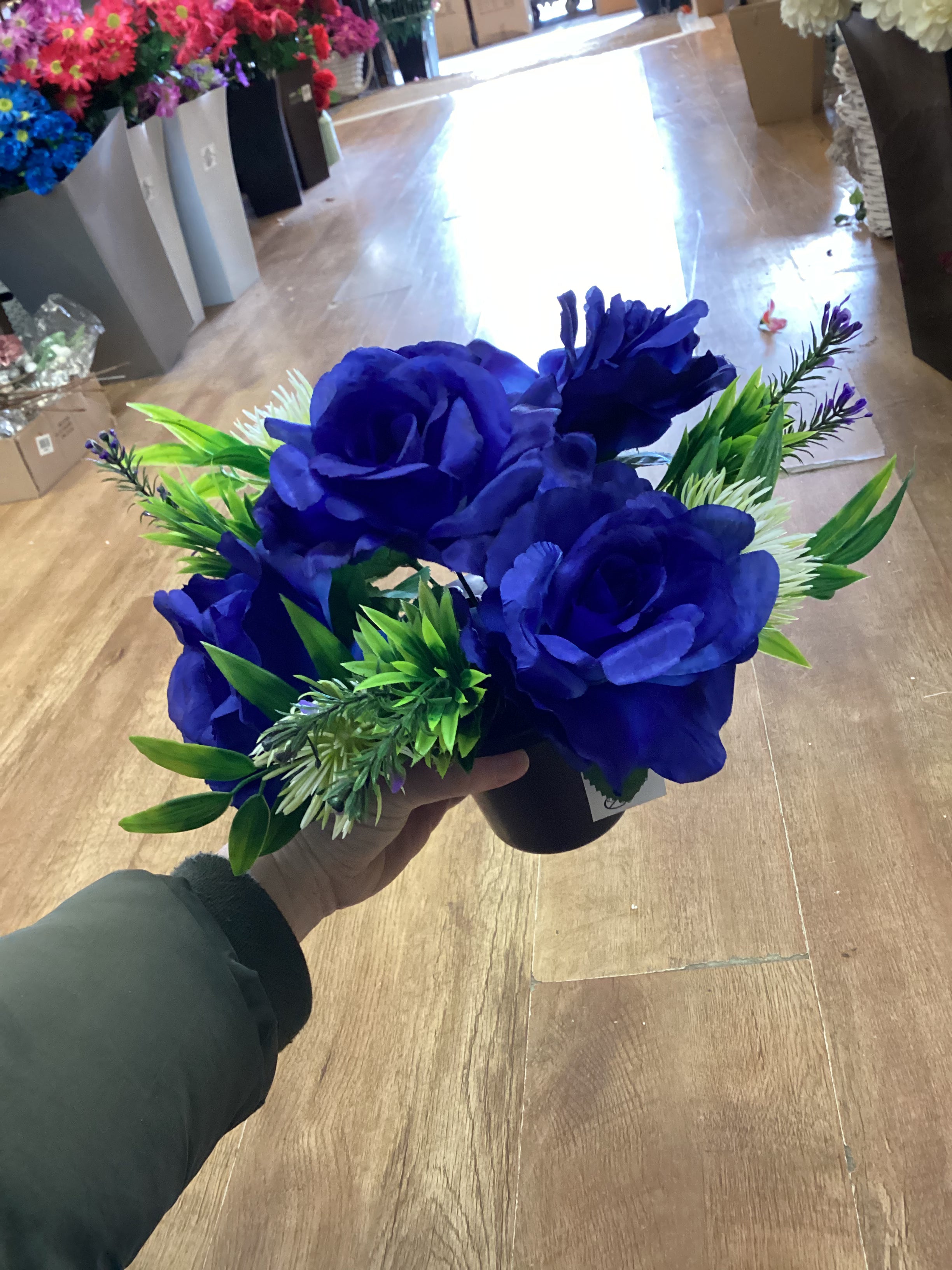 Blue rose and allium gravepot