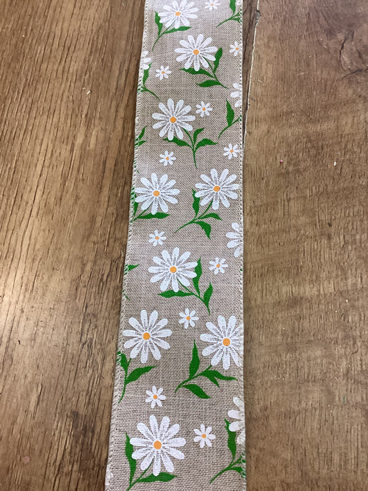 White daisy burlap wired ribbon - 1 metre