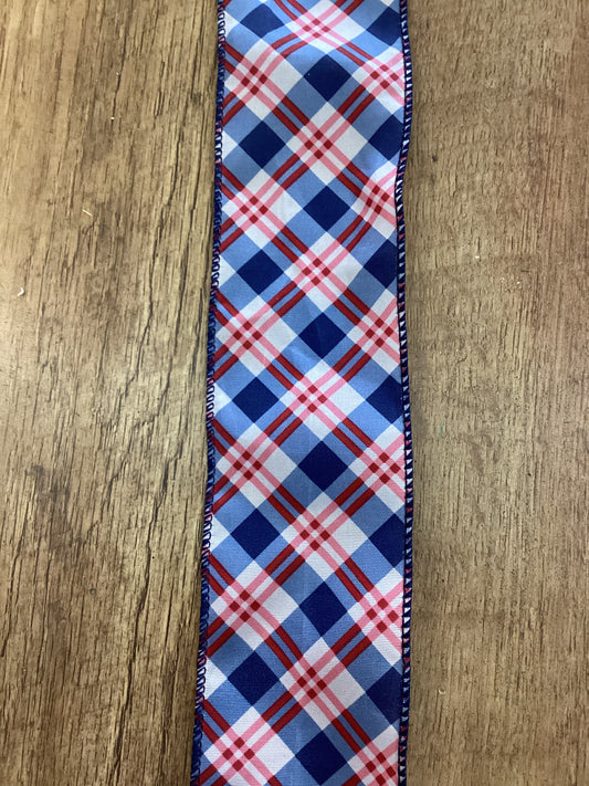 Navy, red and white chequered wired ribbon - 10 metres