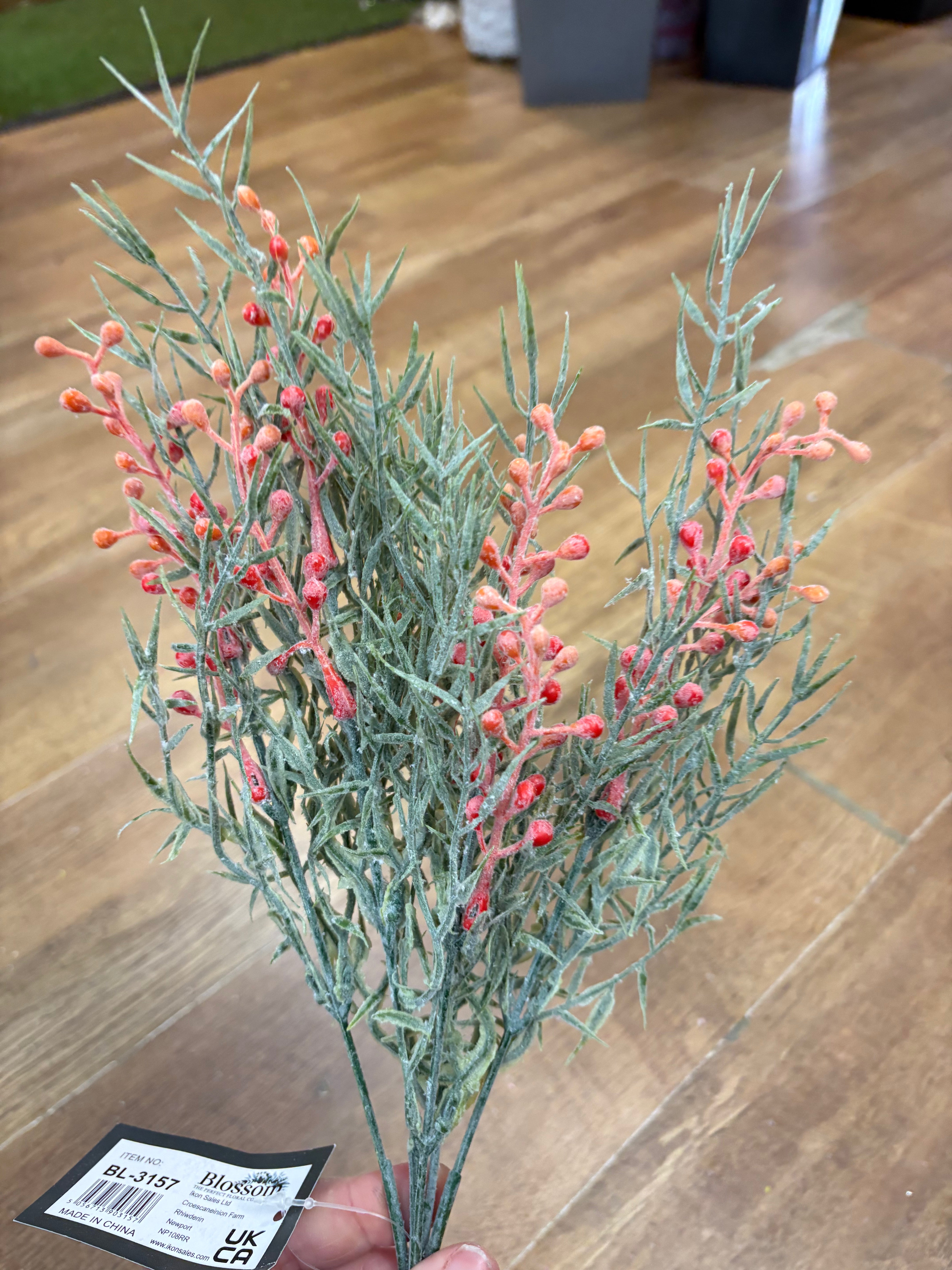 Spiky flocked foliage with berries - 5 colours available