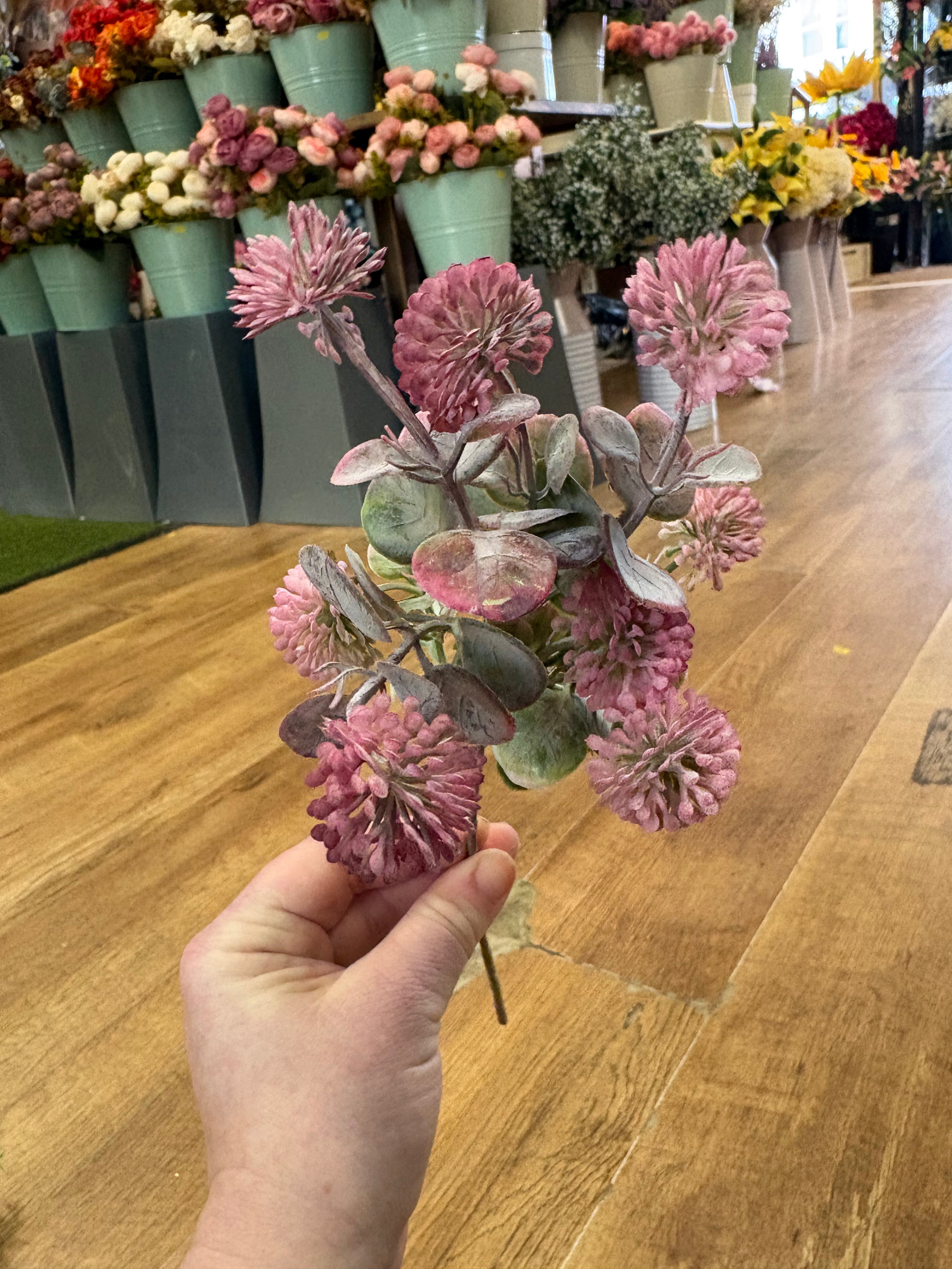Pink globe foliage pick